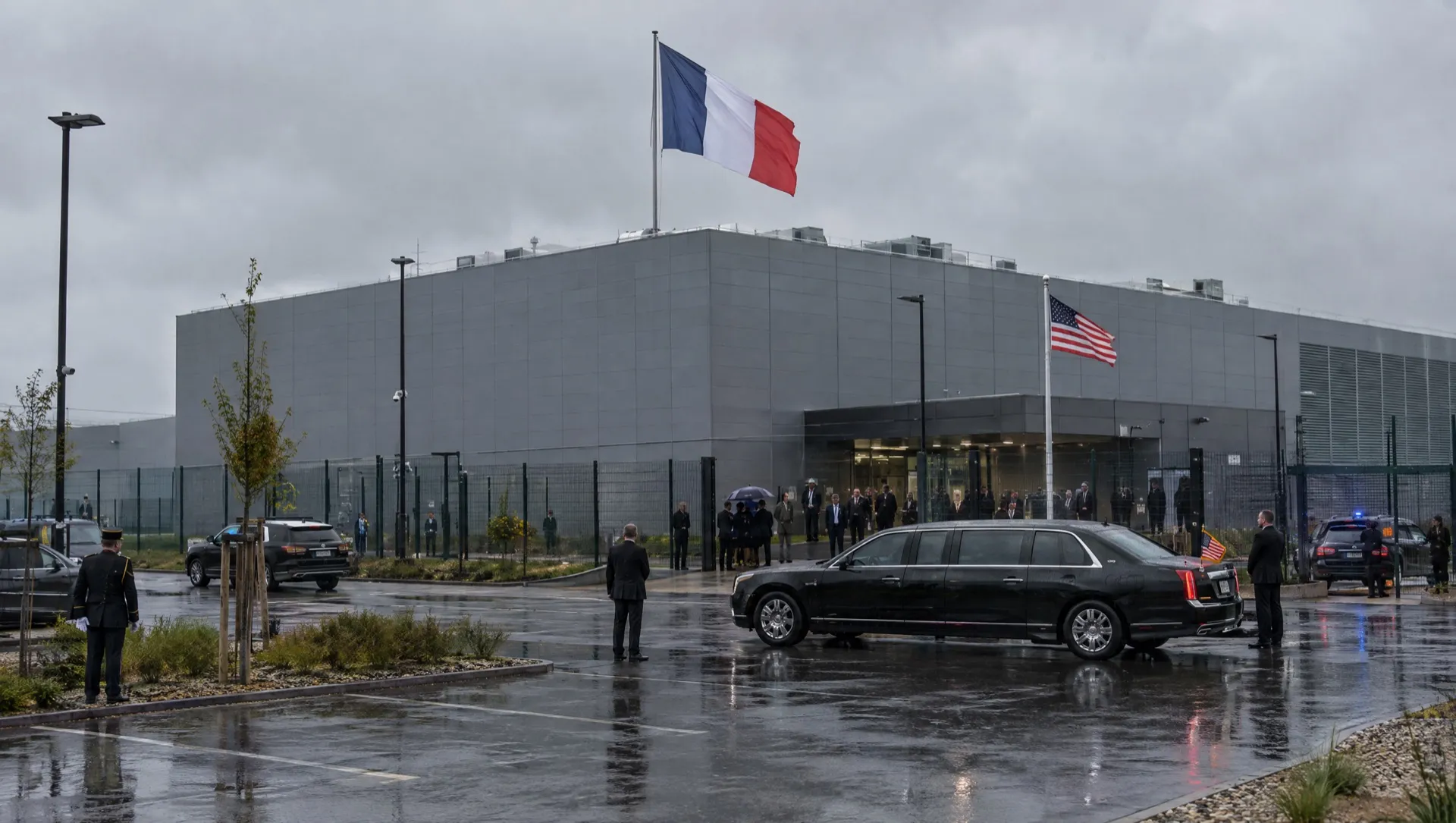 Un grand data center gris sous la pluie, un drapeau français sur le toit et un drapeau américain devant l'entrée, une limousine garée devant