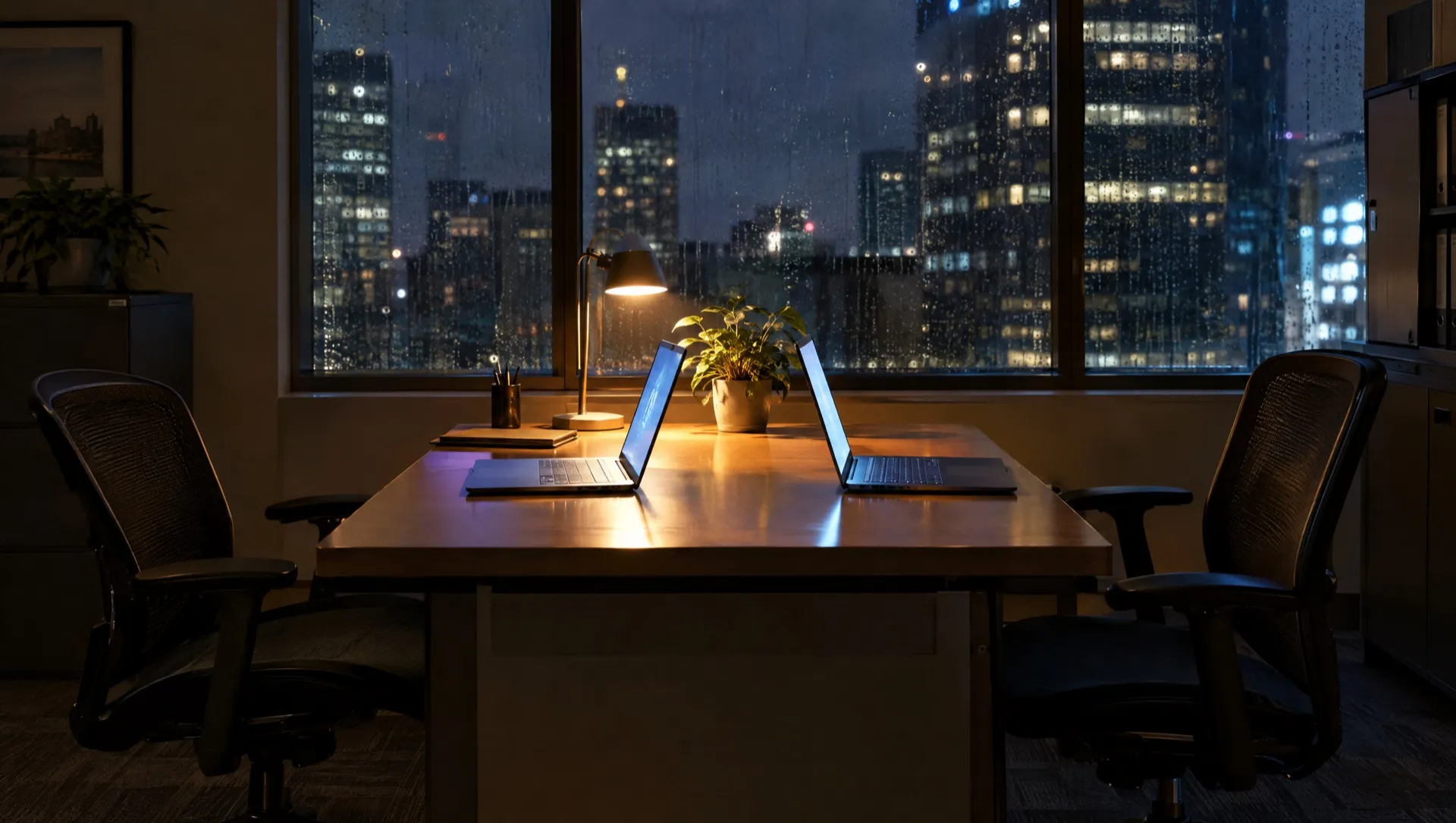 Deux ordinateurs portables ouverts face à face sur un bureau vide, de nuit, sous la lumière d'une petite lampe