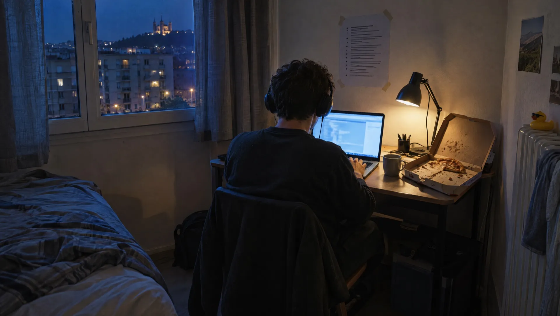 Un jeune homme de dos, casque sur les oreilles, travaille de nuit sur un ordinateur portable dans un petit studio lyonnais