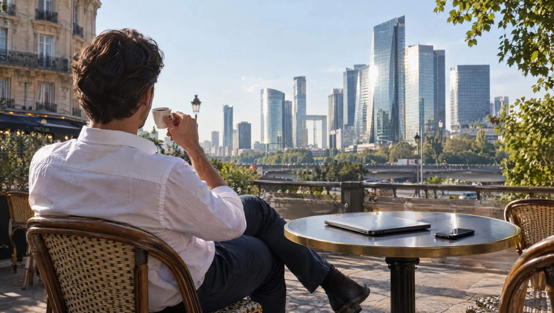 Un homme en chemise blanche, de dos, savoure un café en terrasse face aux tours de verre de La Défense
