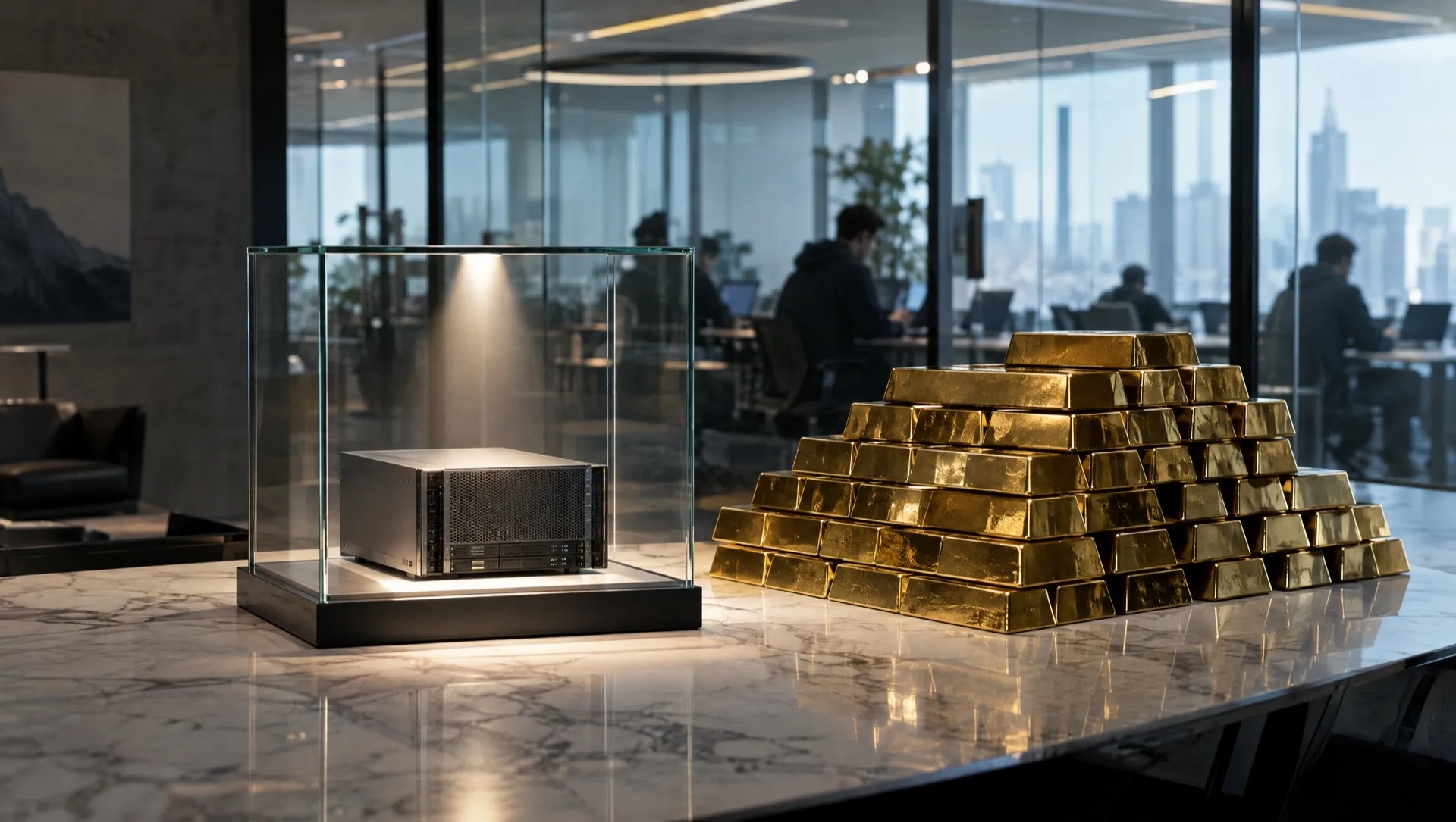 Un petit serveur exposé sous une vitrine de musée, à côté d'une pile de lingots d'or, dans un bureau de startup luxueux